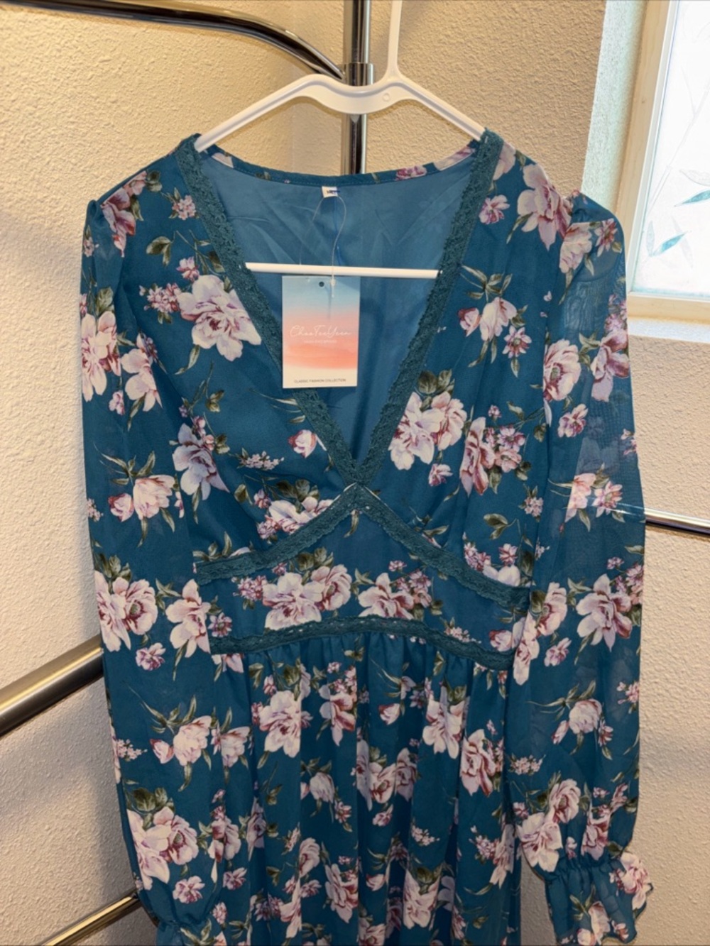 Floral V-Neck Maxi Dress in Teal with Lace Trim